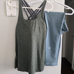 lululemon athletica Green Heather Strappy Tank with Blue Leggings